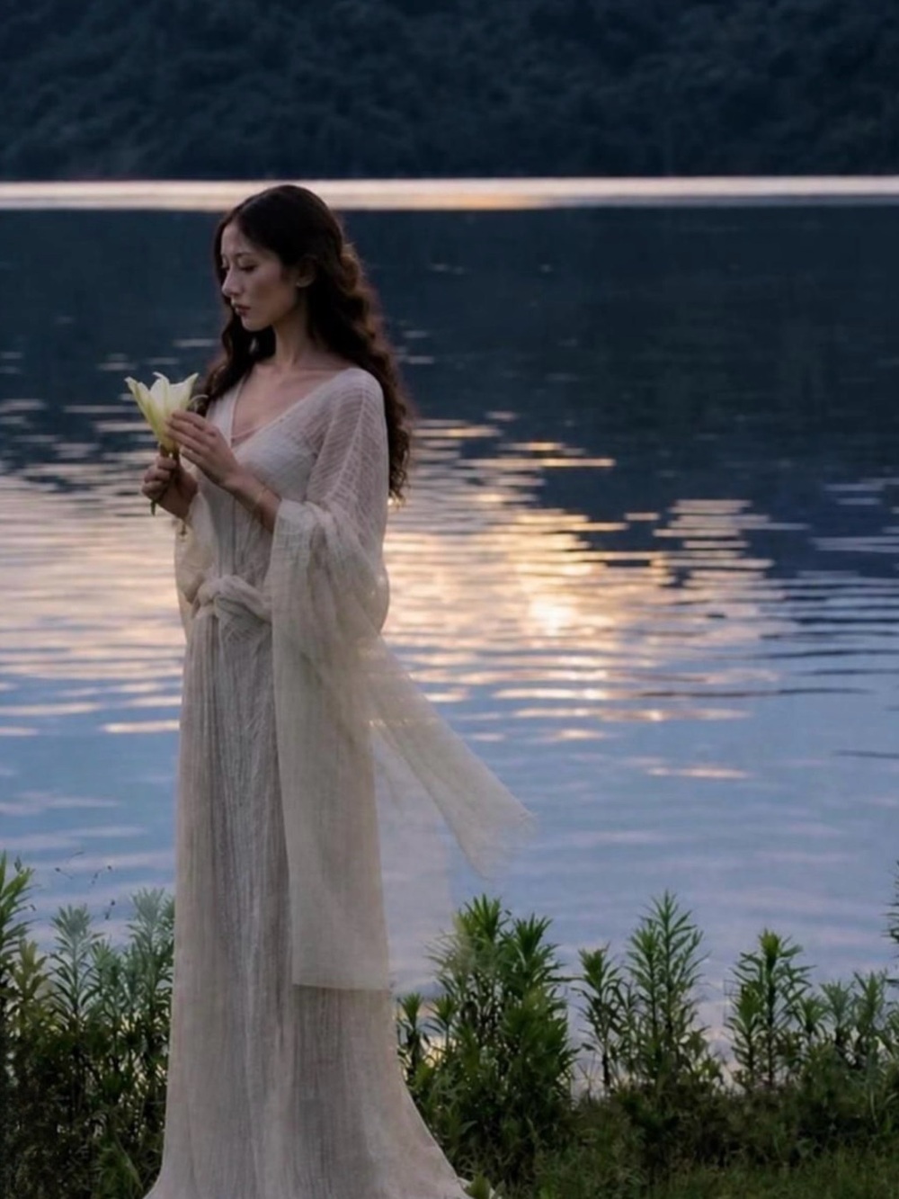 Lightweight Ethereal Bohemian Cream Maxi Dress with Dramatic Shawl/Scarf/Veil